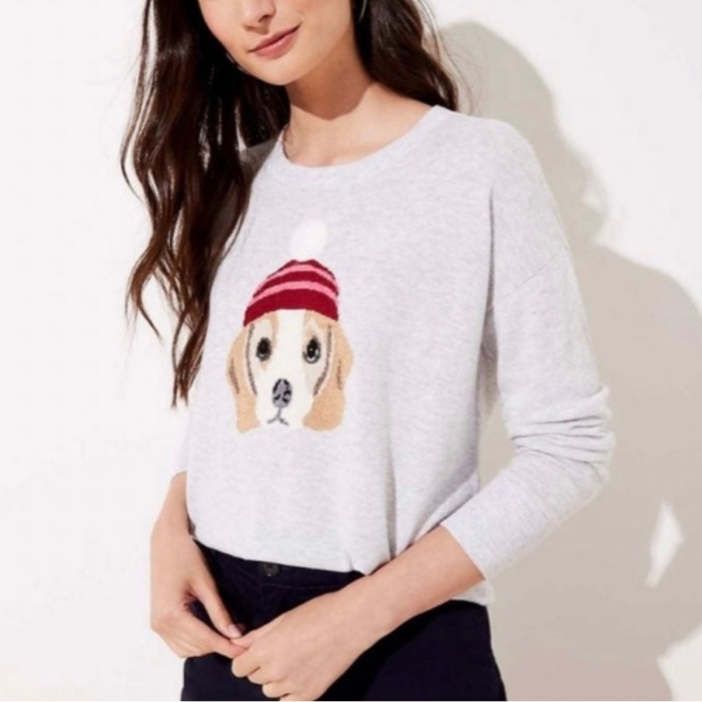 LOFT Winter Holiday Dog Beagle Soft Wool Blend Sweater Grey size S